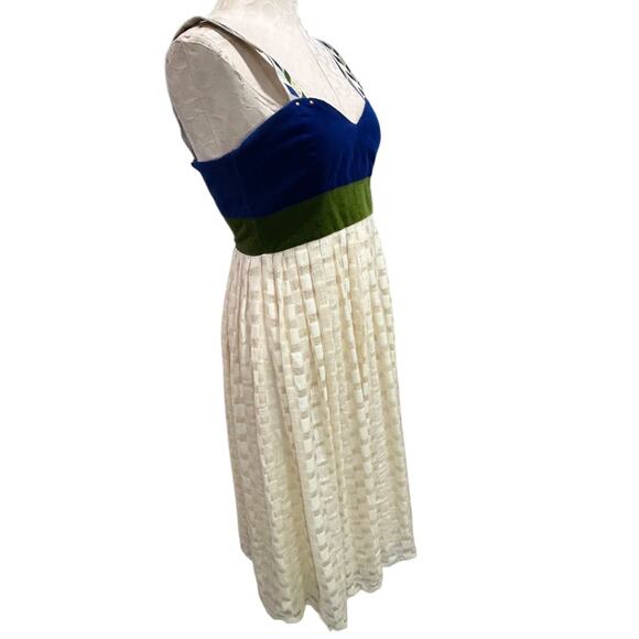 Size 6 Madchen Dress Velvet Colorblock Cream Skirt Blue Green Bodice - Picture 6 of 11